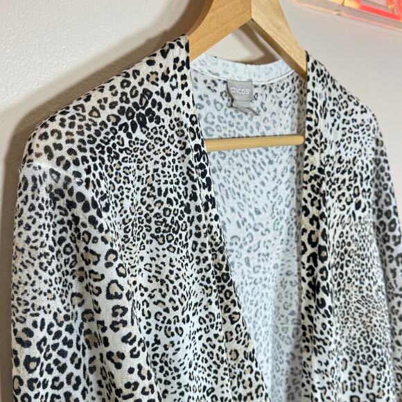 Chicos Open Front Cardigan Leopard Print Tie Sleeve Large Knit Lagenlook Classic - Picture 2 of 7
